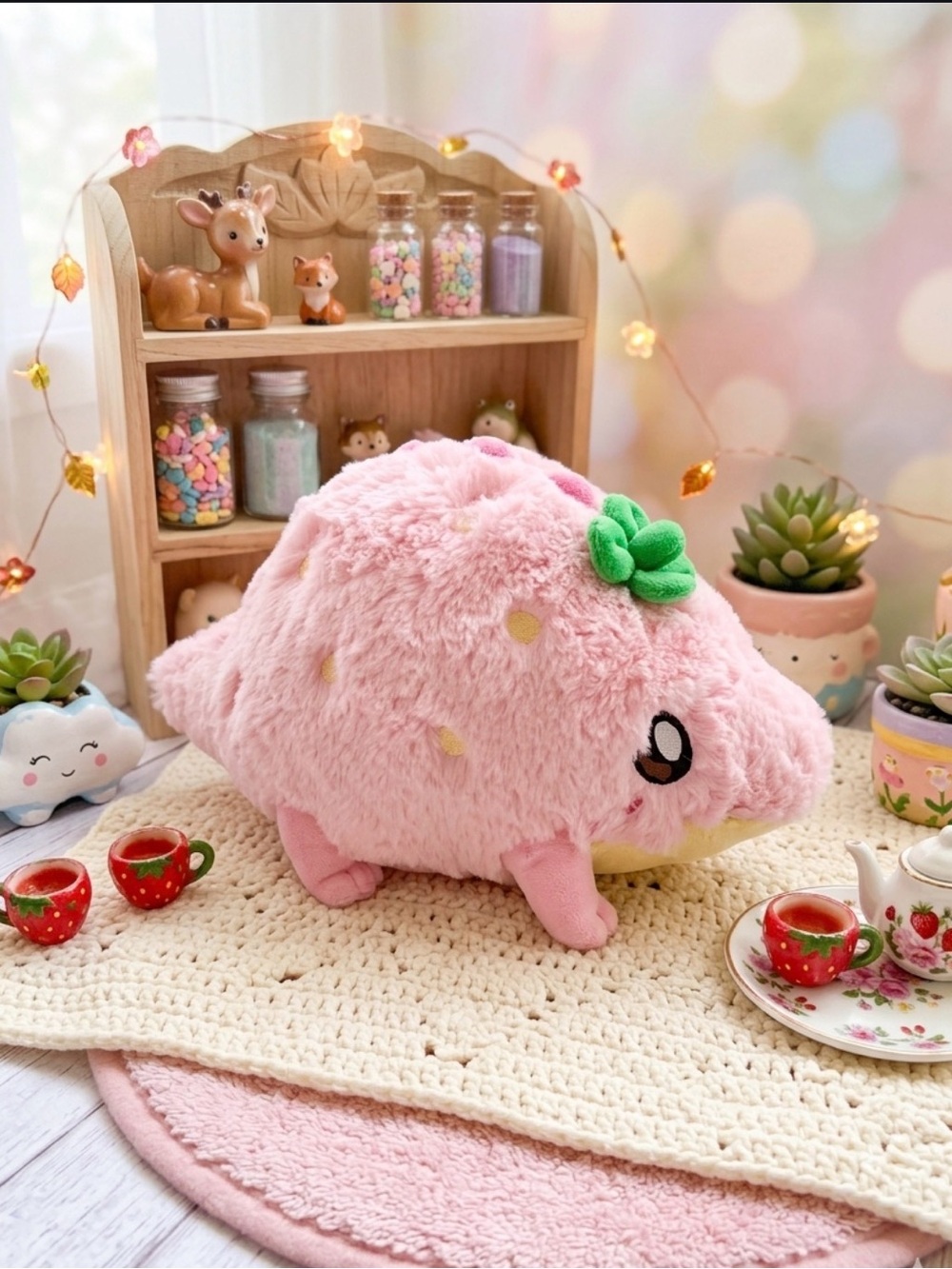 Plush 🍓 Pink Strawberry Crocodile 🐊 with Green Leaf Accent - Soft Cuddle Plush